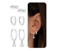 KONFEN 3 Pares Pendientes Botón y Aro Set Mujer, Pendientes Pequeño Con Circonita Brillante Colgante, Modernos Pendiente Piercing Helix Apilable, Hipoalergénicos Pendiente Mujer Joyería Regalo, Plata