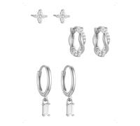 KONFEN 3 Pares Pendientes Botón y Aro Set Mujer, Pendientes Pequeños Flor Con Circonita Brillante Colgante, Elegantes Pendiente Piercing Helix Apilable, Hipoalergénico Pendiente Joyería Regalo, Plata