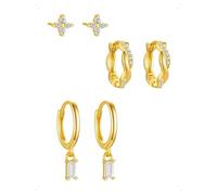 KONFEN 3 Pares Pendientes Botón y Aro Set Mujer, Pendientes Pequeños Flor Con Circonita Brillante Colgante, Elegantes Pendiente Piercing Helix Apilable, Hipoalergénico Pendiente Joyería Regalo, Oro