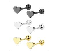 KONFEN 3 Pares Pendientes Pequeños Set Mujer Forma Corazón Acero Inoxidable, Corazón Piercing Oreja Cartílago Cómodos Hipoalergénicos Pendiente Múltiples Piercings Joyería Fantasía, Plata Negro Oro