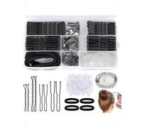 KONFEN 385 piezas de horquillas para mujer, horquillas metálicas, 5/6/7 cm, pinzas para moños, pinzas de red, gomas pelo, accesorios cabello, tiras transparentes, caja de almacenamiento, negro