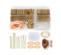 KONFEN 385 piezas de horquillas para mujer, horquillas metálicas para el pelo, 5/6/7 cm, pinzas moños, pinzas de red, gomas pelo accesorios peinado tiras transparentes caja de almacenamiento, dorado