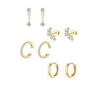 KONFEN 4 Pares Pendientes Botón y Aro Set Acabado Baño Oro 18K, Pendientes Mujer Pluma Abiertos Con Circonita Brillante, Apilable Pendiente Piercing Helix, Hipoalergénico Pendiente Joyería Regalo Oro