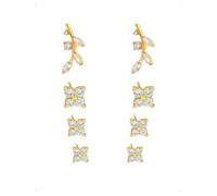 KONFEN 4 Pares Pendientes De Botón Set, Pendientes Pequeño Forma Hoja y Flor Con Circonita Brillante, Minimalista Pendiente Piercing Helix Apilable, Hipoalergénico Pendiente Mujer Joyería Regalo, Oro