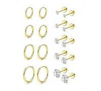 KONFEN 9 Pares Pendientes Aro Botón Set Mujer Acero Inoxidable, Circonitas Shine Pequeños Pendientes Multi-Tamaños Piercing Aro Pendientes Oreja Cartílago Hipoalergénicos Moda Pendiente Joyería, Oro