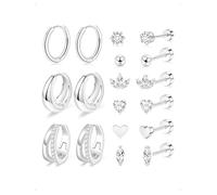 KONFEN 9 Pares Pendientes Aro Botón Set Mujer Acero Inoxidable, Copo Corazón Hoja Arce Elipse Circonitas Pendientes Piercing Oreja Cartílago Aro Pequeños Chunky Hipoalergénicos Moda Pendiente, Plata