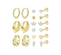 KONFEN 9 Pares Pendientes Aro Botón Set Mujer Acero Inoxidable, Copo Corazón Hoja Arce Elipse Circonitas Pendientes Piercing Oreja Cartílago Aro Pequeños Chunky Hipoalergénicos Moda Pendiente, Oro