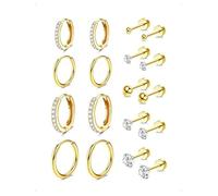 KONFEN 9 Pares Pendientes Aro Botón Set Mujer Acero Inoxidable, Pequeños Esfera Shine Circonitas Cúbicas Piercing Multi-Tamaños Pendientes Oreja Cartílago Hipoalergénicos Moda Pendiente Joyería, Oro