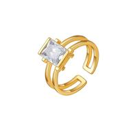 KONFEN Anillo cuadrado para mujer chapado en oro de 18 quilates ajustable, brillante con engaste circonita, diseño calado doble capa abertura estilo metálico de fantasía moderno regalo, dorado