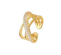 KONFEN Anillo de mujer cruzado chapado en oro de 18 quilates ajustable, con brillantes engastados en circonita, abertura ajustable, estilo metal fantasía moderno, regalo, dorado