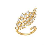 KONFEN Anillo para mujer con hoja grande chapado en oro de 18 quilates ajustable, brillante con engaste de circonita, apertura ajustable, estilo metálico moderno, regalo, dorado