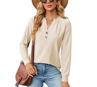 KONFEN Camiseta de Manga Larga Mujer, Blusa Camisa Cuello en V Botón Tops, Camisetas Jersey de Manga Larga Elegante Shirts Sueter Casual para Otoño Invierno Primavera, Almendra M