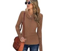 KONFEN Camiseta de Manga Larga Mujer, Blusa Camisa Cuello Redondo Botón Tops, Camisetas de Manga Larga Elegante Shirts Sueter Casual para Otoño Invierno Primavera, Marrón XXL