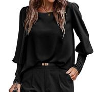 KONFEN Camiseta de Manga Larga Mujer, Blusa Camisa Cuello Redondo Botón Tops con Mangas Farol, Camisetas de Manga Larga Elegante Shirts Sueter para Otoño Invierno Primavera para Mujer, Negro XL