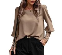 KONFEN Camiseta de Manga Larga Mujer, Blusa Camisa Cuello Redondo Botón Tops con Mangas Farol, Camisetas de Manga Larga Elegante Shirts Sueter Casual para Otoño Invierno Primavera, Marrón L