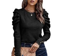 KONFEN Camiseta de Manga Larga Mujer, Blusa Camisa Cuello Redondo Tops con Manga Burbuja, Camisetas de Manga Larga Elegante Shirts Sueter Delgado para Otoño Invierno Primavera, Negro XXL