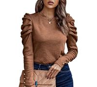 KONFEN Camiseta de Manga Larga Mujer, Blusa Camisa Cuello Redondo Tops con Manga Burbuja, Camisetas de Manga Larga Elegante Shirts Sueter Delgado para Otoño Invierno Primavera, Marrón M