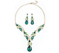 KONFEN Conjunto de Joyas de Boda, Juegos de Joyas Mujer, Strass Conjunto Pendientes y Collar Mujer, Novia Set joyeria Colgante Regalo para Boda Novia Mujeres y Niñas (Verde)