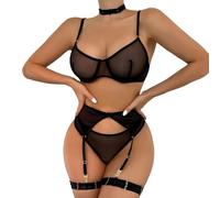KONFEN Conjunto de Lencería Sexi para Mujer, Sujetador y Braguitas Eróticos de Malla de Encaje, Translúcido con Ligas en los Muslos, 3 Piezas, Negro, Talla Única