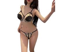 KONFEN Conjunto Lencería Mujer, Sexy Encaje con Halter Mujer Bordado Ropa Interior, Bordado de Encaje Entrepierna Abierta Ropa Interior Bikini Babydoll Cuello V y Tanga, Negro, Talla Única