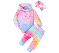KONFEN Conjunto Ropa Bebe Niña Recien Nacido, Little Miss Manga Larga Mono con Capucha + Pantalones + Diademas, Tie-dye Conjunto de 3 Piezas Rosa y Azul para Bebés Niña Unisex 0-3 Meses