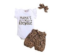 KONFEN Conjunto Ropa Bebe Niña Recien Nacido, Manga Corta Estampado de Leopardo Mono con Volantes + Cortos + Diademas Conjunto de 3 Piezas para Bebés 6-12 Meses