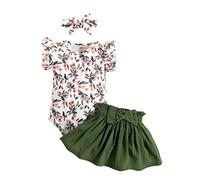 KONFEN Conjunto Ropa Bebe Niña Recien Nacido, Manga Corta Floral Mono con Volantes + Falda + Diademas Conjunto de 3 Piezas para Bebés 18-24 Meses