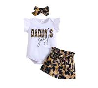 KONFEN Conjunto Ropa Bebe Niña Recien Nacido, Manga Corta Mono con Volantes + Estampado de Leopardo Cortos + Cinturón + Diademas Conjunto de 3 Piezas para Bebés 3-6 Meses