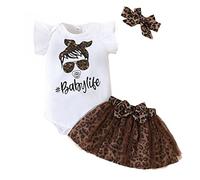KONFEN Conjunto Ropa Bebe Niña Recien Nacido, Manga Corta Mono con Volantes + Estampado de Leopardo Malla Falda + Diademas Conjunto de 3 Piezas para Bebés 3-6 Meses