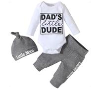 KONFEN Conjunto Ropa Bebe Niño Recien Nacido, Dad's Little Dude Body de Manga Larga + Pantalón + Sombrero Conjunto de 3 Piezas para Bebés Niños 0-12 Meses
