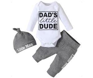 KONFEN Conjunto Ropa Bebe Niño Recien Nacido, Dad's Little Dude Body de Manga Larga + Pantalón + Sombrero Conjunto de 3 Piezas para Bebés Niños 0-12 Meses