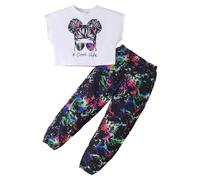 KONFEN Conjunto Ropa Niña 2 Piezas, Hip Hop Crop Top Manga Corta + Pantalones Camuflaje con Bolsillo, Top e Pantalones Jogger Deportivo Ropa Street Dance Verano Otoño para Niña 9 a 10 Años, Negro