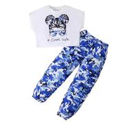 KONFEN Conjunto Ropa Niña 2 Piezas, Hip Hop Crop Top Manga Corta + Pantalones Camuflaje con Bolsillo, Top e Pantalones Jogger Deportivo Ropa Street Dance Verano Otoño para Niña 5 a 6 Años, Azul