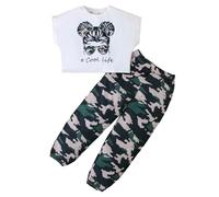 KONFEN Conjunto Ropa Niña 2 Piezas, Hip Hop Crop Top Manga Corta + Pantalones Camuflaje con Bolsillo, Top e Pantalones Jogger Deportivo Ropa Street Dance Verano Otoño para Niña 6 a 7 Años, Verde