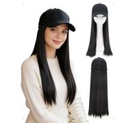 KONFEN Gorro con Peluca Mujer, Pelucas Mujer Pelo Natural Larga Lacio, Pelucas Pelo Rizado Sintética con Gorro Ajustable, Resistente Peluca Cabello Lacio Largo Para Fiestas, Diario, 65 cm, Negro
