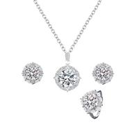 KONFEN Juego de Joyas para Mujer, Colgante Collar Pendientes y Anillo de Diamantes Imitación 5 Quilates, Ajustable Regalos para Niñas, Plata