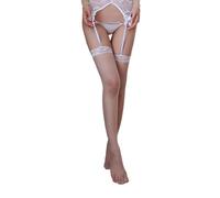KONFEN Liguero Sexy Transparente para Mujer con 4 Clips, Ajustable Liguero Malla Ropa Interior con Lazo Decorativo, 2 Piezas Conjunto de Floral Liguero y Tanga con Netz Medias, Blanco, Talla Única