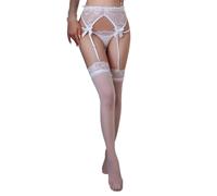 KONFEN Liguero Sexy Transparente para Mujer con 4 Clips, Erótico Ajustable Liguero Ropa Interior con Lazo Decorativo, 2 Piezas Conjunto de Floral Liguero y Tanga con Encaje Medias, Blanco, Talla Única