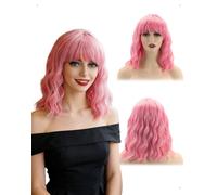 KONFEN Pelucas Mujer Corta Bob, Pelucas Mujer Pelo Natural Ondulado con Flequillo, Peluca Pelo Rizado Sintética, Resistente Peluca Cabello Corto Bob Para Fiesta, Disfraz, Diario, Cosplay, 35 cm, Rosa