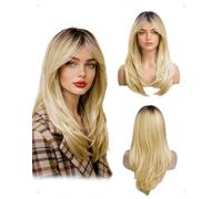 KONFEN Pelucas Mujer Lacio Largas, Peluca De Pelo Layered Ombre con Flequillo, Pelucas Mujer Pelo Natural Sintética, Resistente Peluca Cabello Larga Liso Para Fiesta, Diario, Cosplay, 50 cm, Rubia