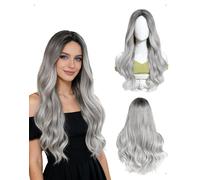 KONFEN Pelucas Mujer Largas Ondulada, Pelucas Mujer Pelo Natural Ombre Rizado, Peluca Pelo Wavy Ondulado Sintética, Resistente Peluca Cabello Larga Para Fiesta, Diario, Date, Cosplay, 70 cm, Gris