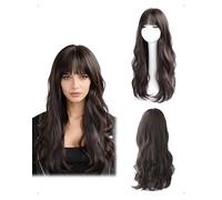 KONFEN Pelucas Mujer Largas Ondulada, Pelucas Mujer Pelo Natural Rizado con Flequillo, Peluca Pelo Ondulado Sintética, Resistente Peluca Cabello Larga Para Fiesta Diario Cosplay, 65 cm Marrón Oscuro