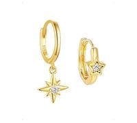 KONFEN Pendientes Pequeños Aro Mujer Plata 925, Estrella Ocho Puntas Circonitas Múltiples Apilables Colgantes Piercing Pendiente Oreja Cartílago Hipoalergénicos Pendientes Joyería Fantasía, Oro