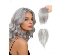 KONFEN Postizos de Pelo Hair Topper con Clip, Topper Pelo Natural Mujer con Flequillo, Transpirable Cabello para Cubrir Canas Adelgazamiento Crear Estilos Mujeres Diario Ocasiones Especiales, Gris