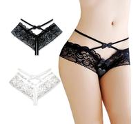 KONFEN Tangas Mujer Pack de 2, Sexy String de Encaje Bragas Braguitas Culotte Transparente sin Costuras, Elástica Lencería Ajustable T-Back Slip Hipster Ropa Interior para Mujer (Negro + Blanco)