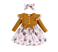KONFEN Vestido de Bebé Niña - Conjunto de Vestido de Manga Larga Volantes con Arco + Diadema, Punto Acanalado Vestido Conjunto de 2 Piezas para Bebe Niña 18-24 Meses (Patrón de Animales)