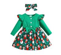 KONFEN Vestido de Bebé Niña - Conjunto de Vestido Navidad de Manga Larga Volantes con Arco + Diadema, Punto Acanalado Vestido Conjunto de 2 Piezas para Bebe Niña 6-9 Meses (Patrón de Navidad)