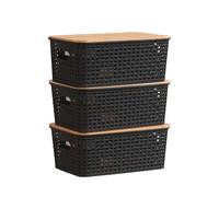 Kongming Cajas Almacenaje plastico, 3 piezas Cestas Almacenaje con Bambu Tapa 5L Cajas Organizadoras apilables para Baño, Cocina, Dormitorio 25 x 18 x 10 cm (negro)