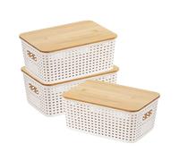 Kongming Cajas Almacenaje plastico, 3 piezas Cestas Almacenaje con Bambu Tapa 5L Cajas Organizadoras apilables para Baño, Cocina, Dormitorio 25 x 18 x 10 cm