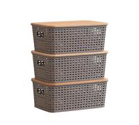 Kongming Cajas Almacenaje plastico, 3 piezas Cestas Almacenaje con Bambu Tapa 5L Cajas Organizadoras apilables para Baño, Cocina, Dormitorio 25 x 18 x 10 cm (gris)